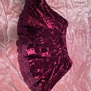 Crushed velvet with lace trim burgundy mini skirt
